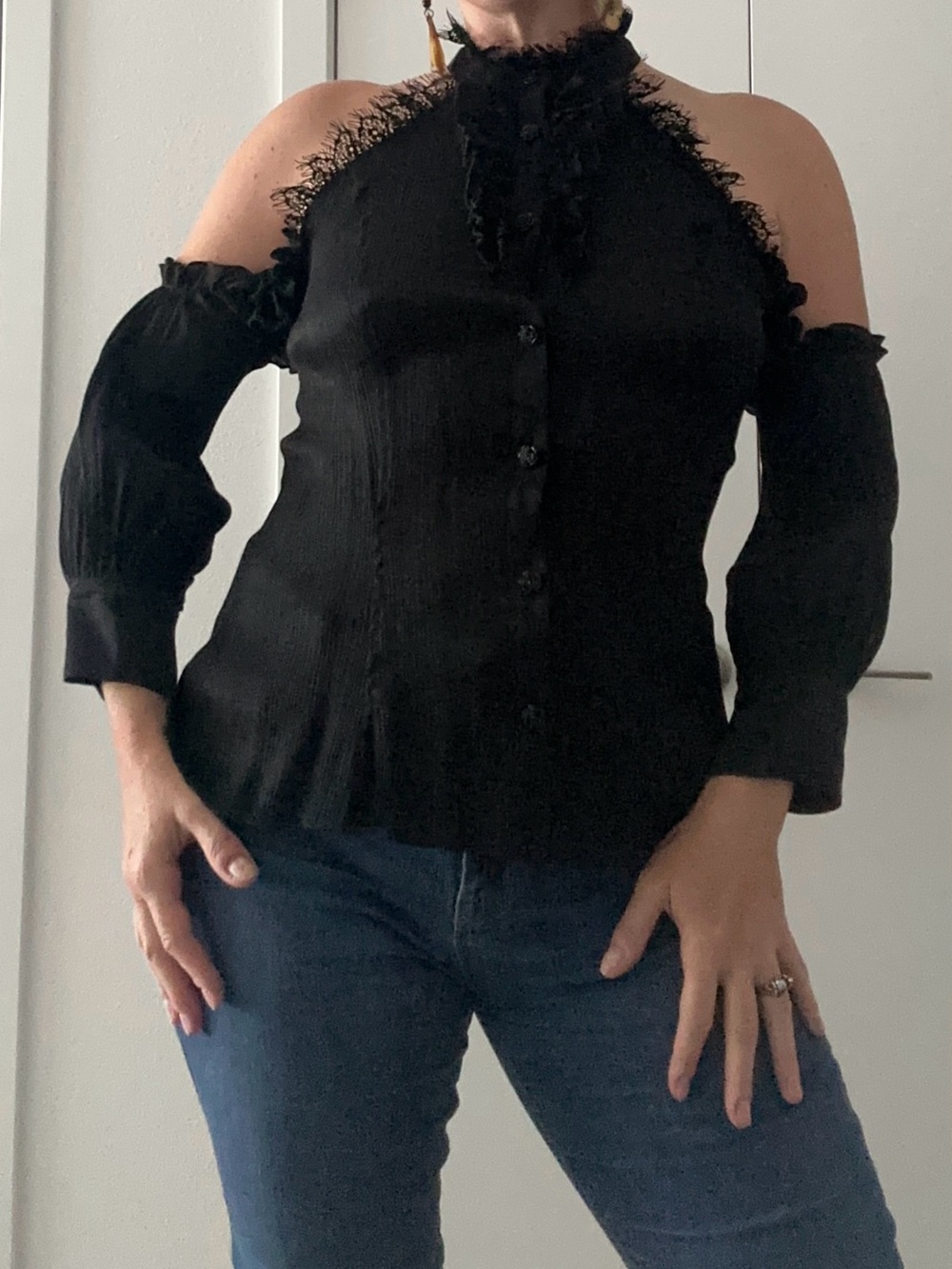Black Gothic Renaissance Cold-Shoulder Lace-Trim Button Front Women's Top